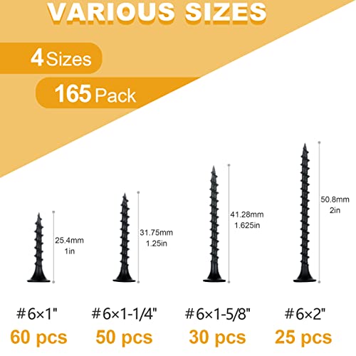 KURUI Drywall Screws Assortment Kit, #6 Black Wood Screws for Sheetrock,165pcs Picture Hanging Kit for Frame Painting Art Photo, Phillips Coarse Dry Wall Screw 4 Sizes 1",1-1/4",1-5/8",2" - size: Assortment Kit (#6 * 1", 1-1/4", 1-5/8", 2")