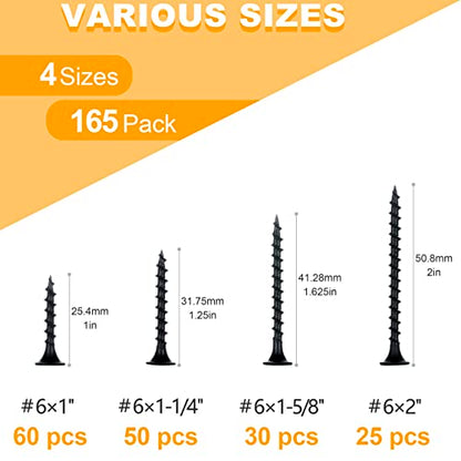 KURUI Drywall Screws Assortment Kit, #6 Black Wood Screws for Sheetrock,165pcs Picture Hanging Kit for Frame Painting Art Photo, Phillips Coarse Dry Wall Screw 4 Sizes 1",1-1/4",1-5/8",2" - size: Assortment Kit (#6 * 1", 1-1/4", 1-5/8", 2")