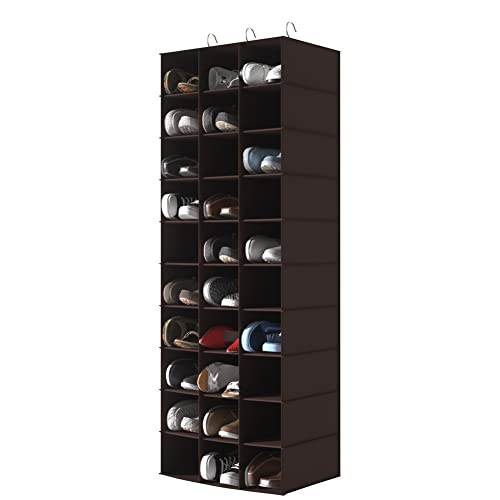 30 Section Hanging Shoe Organizer for Closet, Coffee | Hanging Closet Organizer and Storage for Wardrobe, Dorm, Bedroom, Space Saving Foldable Clothes Shelf with Sturdy Hooks - color: Coffee