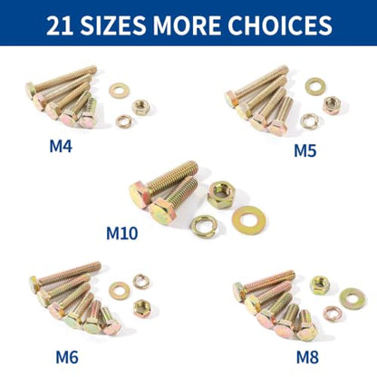 1100cs Grade 8.8 Metric Bolts and Nuts Assortment Kit, M4, M5, M6, M8, M10 Heavy Duty Hex Bolts and Nuts Kit, Assorted Nuts, Bolts, Flat & Lock Washers, Yellow Zinc Plated, Length from 12-40 mm - size: 1100PCS M4, M5, M6, M8, M10