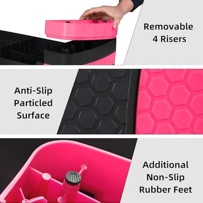 HomGarden Adjustable Workout Aerobic Stepper in Fitness & Exercise Step Platform Trainer Stepper w/Risers Adjust 4"-6''-8'' - color: Black/Pink