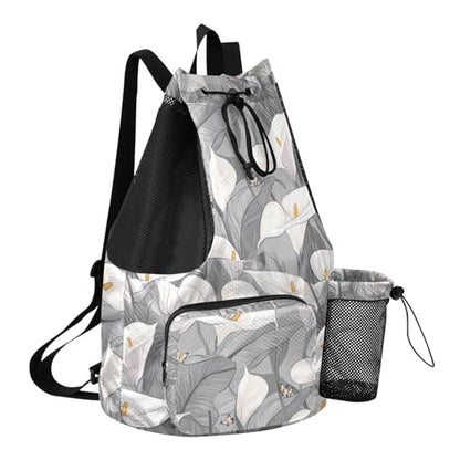 Drawstring Bags Climbing Gym Bag With Pockets String Bookbag Waterproof Safari Calla Lily Grey Flower
