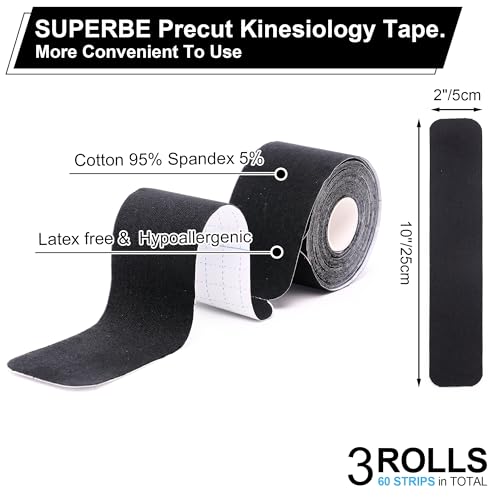 SUPERBE Precut Kinesiology Tape (3 Rolls Pack), Elastic Sports Tape for Pain Relief, Muscle Support, Recovery and Physio Therapy, Breathable, Waterproof (Black) - color: Black