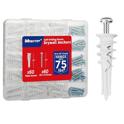 Self Drilling Drywall Anchors with Screws Kit 120 Pcs, No Pre Drill Required, Heavy Duty Holds Up to 75 LB, #8 x 1-1/4, for Sheetrock Shelves and Mirrors