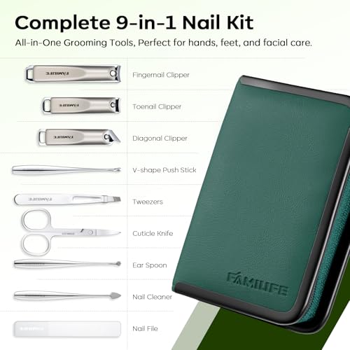 FAMILIFE Manicure Kit for Women, 9 Pcs Carbon Steel Nail Grooming Kit with Compact Case, Stylish Green Travel Manicure Set for Home, On-the-Go Care, Daily Use Nail Clipper Set (Green) - color: Green