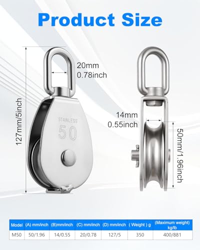 Rocaris 2 Pack M50 Single Pulley Snatch Block 304 Stainless Steel Lifting Crane Heavy Duty Swivel Hook, 3/8" Rope x 2" Sheave, 800 lbs Load - style: 2 Pack M50 Single