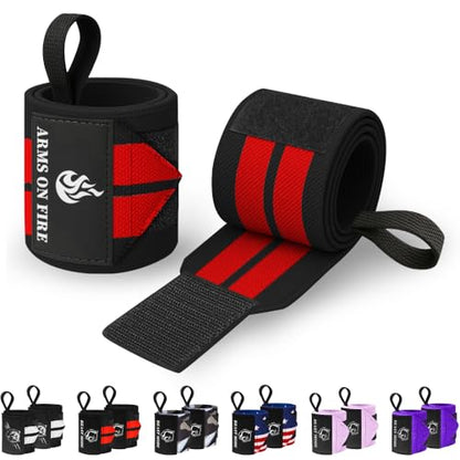TECEUM Weightlifting 18" & 12" Wrist Wraps with Thumb Loop – Heavy Duty Wrist Workout Braces for Men and Women – Ideal for Powerlifting, Strength Training, Bodybuilding - color: Black and Red, style: 18" – Arms on Fire
