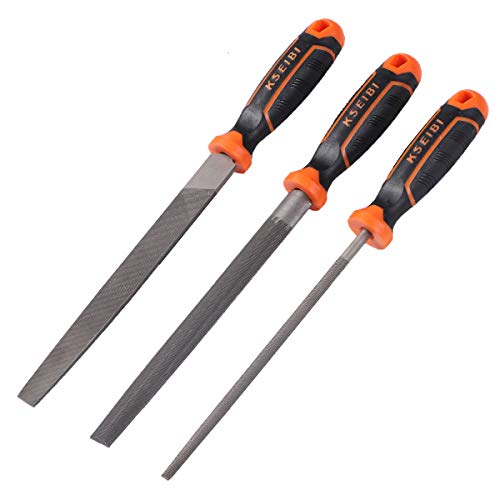 KSEIBI 311485 Metal File Set with High-Carbon Steel Blades - Ergonomic Soft-Grip Handles, 8-Inch Files in Flat, Round, and Half-Round Shapes for Wood and Metal Work