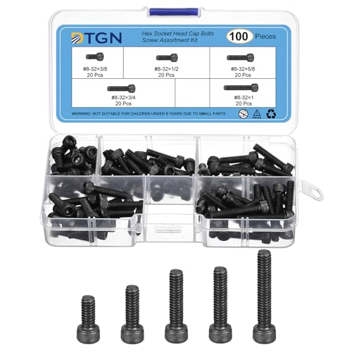 DTGN 100Pcs #8-32 Bolts Socket Head Screws Kit, #8-32 Screw Assortment, 12.9 Grade Steel #8-32 x 3/8", 1/2", 5/8", 3/4", 1" Hex Socket Head Cap Screws Bolt Set for 3D Printing DIY