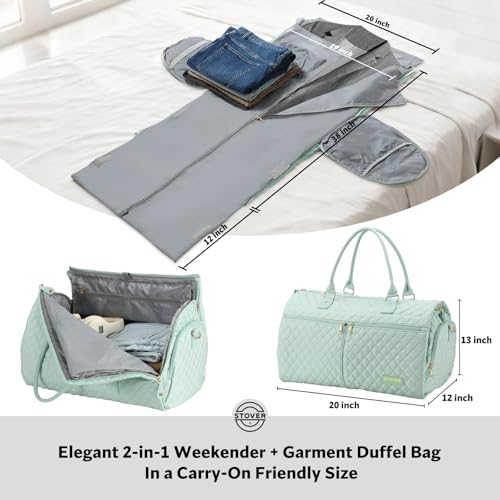 STOVER Women’s Convertible Garment Duffel Bag for Travel – 2-in-1 Carry-On Weekender/Overnight Tote - Wrinkle-Free Dresses, Suits & Clothes + Shoe Compartment & Bonus Toiletry Bag (Coastal Mint) - color: Coastal Mint