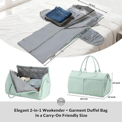 STOVER Women’s Convertible Garment Duffel Bag for Travel – 2-in-1 Carry-On Weekender/Overnight Tote - Wrinkle-Free Dresses, Suits & Clothes + Shoe Compartment & Bonus Toiletry Bag (Coastal Mint) - color: Coastal Mint