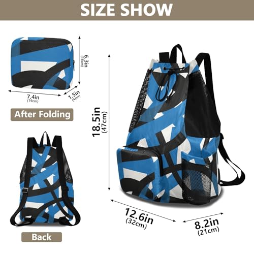 Drawstring Climbing Gym Bag With Water Bottle Pocket Drawstring Backpack For Women Men with Wet Dry Compartments Abstract Art Lines Black Blue