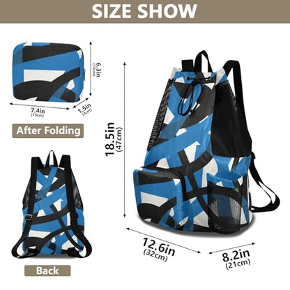 Drawstring Climbing Gym Bag With Water Bottle Pocket Drawstring Backpack For Women Men with Wet Dry Compartments Abstract Art Lines Black Blue