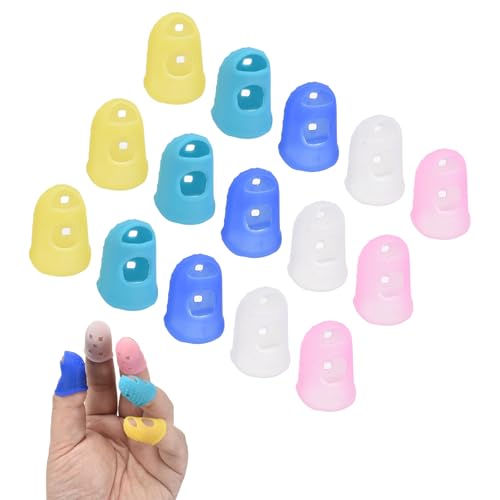 PATIKIL 15 Pcs Silicone Finger Tips, 17mm Anti-Slip Textured Surface Reinforced Protectors Fingertip Covers Reusable Thimbles for Money Counting Guitar Sewing, 5 Colors - color: Yellow/Translucent/Pink/Light Blue/Dark Blue, size: 17mm