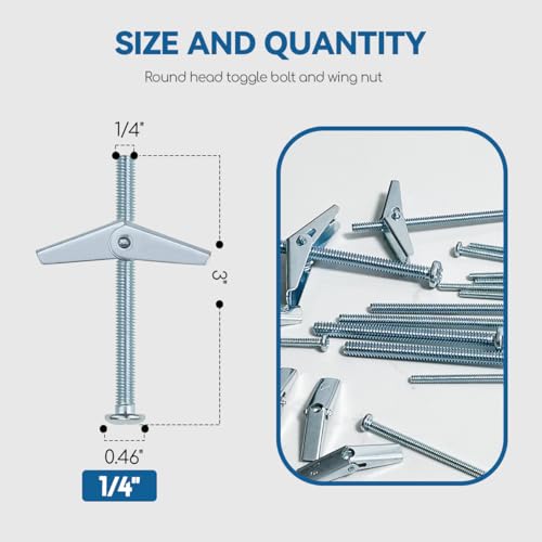 1/4X3-Inch Toggle Bolt and Wing Nut for Hanging Heavy Items on Drywall (60 Pack) - size: 1/4x3inch-60pcs