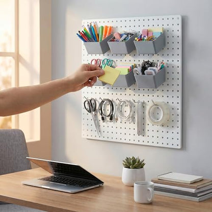 Pegboard Bins and Hooks Set, 4 Pack Open Front Storage Bins with 2 Inch Hooks, Fits 1/4" & 1/8" Pegboard, Heavy Duty Small Parts Organizer for Screws Nails Tools, Garage Workshop Wall Storage