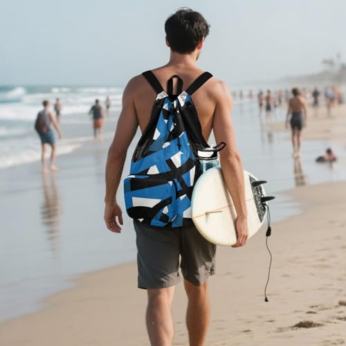 Drawstring Climbing Gym Bag With Water Bottle Pocket Drawstring Backpack For Women Men with Wet Dry Compartments Abstract Art Lines Black Blue