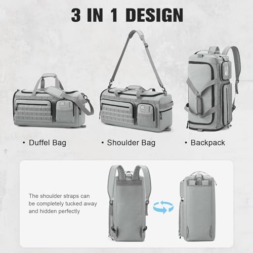 G4Free 3-in-1 Travel Duffle Bag for Men and Women, 50L Large Gym Sports Bags Tactical Military Duffle Backpack with Shoes Compartment and Wet Pocket (Grey) - color: Grey