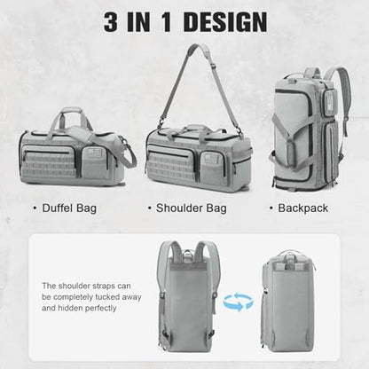 G4Free 3-in-1 Travel Duffle Bag for Men and Women, 50L Large Gym Sports Bags Tactical Military Duffle Backpack with Shoes Compartment and Wet Pocket (Grey) - color: Grey