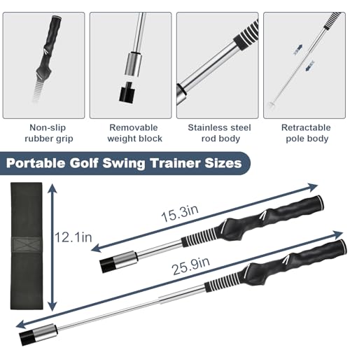 MIKOSI 5-in-1 Retractable Golf Swing Training Aids, Portable Golf Swing Trainer with Golf Grip Trainer for Beginners & Tempo Training for Advanced, Right-Handed, Arm Connection with Golf Club Weights