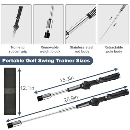 MIKOSI 5-in-1 Retractable Golf Swing Training Aids, Portable Golf Swing Trainer with Golf Grip Trainer for Beginners & Tempo Training for Advanced, Right-Handed, Arm Connection with Golf Club Weights