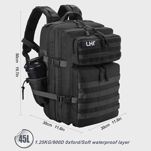 LHI Military Tactical Backpack for Men and Women 45L Army 3 Days Assault Pack Bag Large Rucksack with Shoe Compartment - color: 1.0 Black