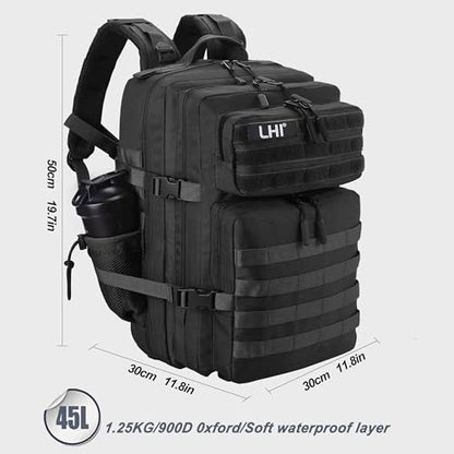 LHI Military Tactical Backpack for Men and Women 45L Army 3 Days Assault Pack Bag Large Rucksack with Shoe Compartment - color: 1.0 Black