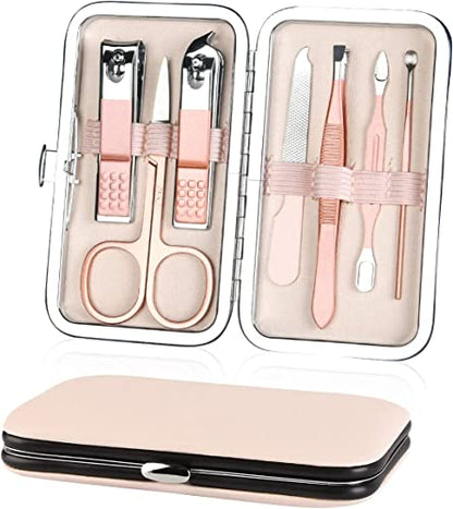 AOMIG Nail Clippers Set, 7 pcs Professional Portable Manicure Kit, Eyebrow Grooming Face Hair Clippers, Stainless Steel Nail Care Tools with Luxurious Leather Case for Travel & Home - color: Pink
