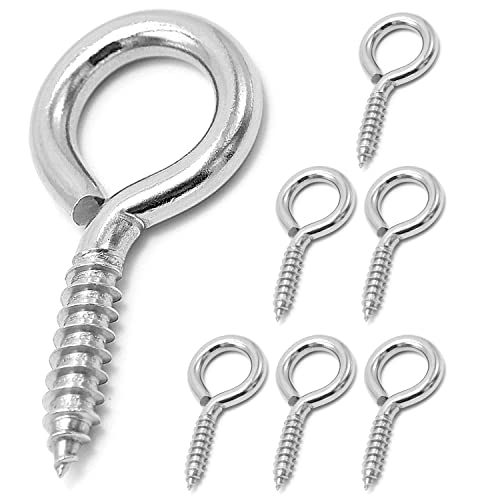 6 Pcs M6 304 Stainless Steel Screw Eye Hooks, 2-1/2 Inches Eyes Screw Hooks,Heavy Duty Screw Eye Bolt,Load Bearing 200LB,Indoor & Outdoor Use