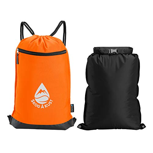 Skog Å Kust GymSak | Patented 2-in-1 Drawstring Cinch Bag with Removable Waterproof Dry Bag | Orange - color: Orange