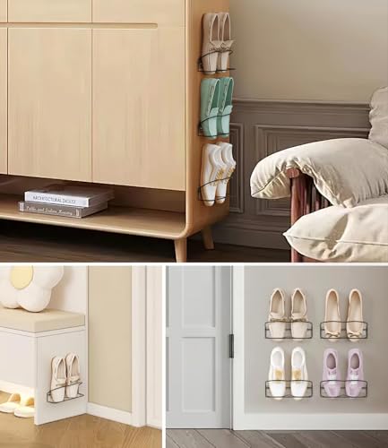 Wall Mounted Shoe Rack 6PCS, with Sticky Hanging Strips, Metal Wall Shoe Storage, Hanging Shoe Organizer for Door/RV/Wall