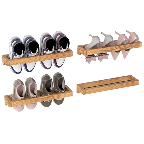 Nisorpa 20 Inch Rustic Burnt Wood Hanging Shoe Rack, Wall Mounted Shoe Rack Storage Organizer Space Saving Footwear Holder for Closet, Mudroom, Entryway, Holds 8 Pairs, Set of 4 - color: Light Burnt Wood, size: 20 inch