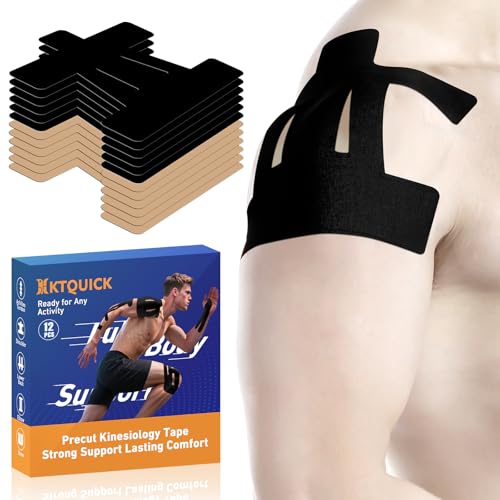 KTQUICK Precut Kinesiology Tape for Shoulder, 12 PCS, 20% Stronger Adhesive | Black&Beige, Precut Shoulder Support Tape with Premium Cotton, Breathable, Waterproof, Latex-Free Athletic Tape for Sports - color: Black&beige, size: 12PCS