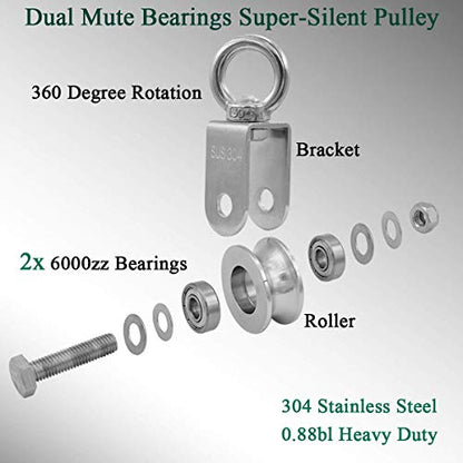 Single Pulley Block 360 Degree Rotation Traction Wheel Stainless Steel Swivel Hook & Carabiner Heavy Duty for Washing Line/Rope Loading 500kg Gym - size: 107mm+Carabiner