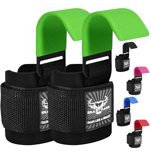 BEAST RAGE Workout Hooks for Men, Durable Coated Grip Gym Straps for Weightlifting Wrist Wraps Training Weight Lifting Strength Fitness Bodybuilding Anti Slip Women Hook Exercise - color: Green