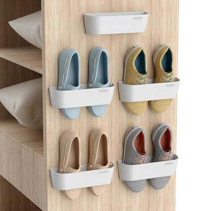 Wall Mounted Shoes Rack 5Pack with Sticky Hanging Strips, Plastic Shoes Holder Storage Organizer,Door Shoe Hangers (White) - color: White