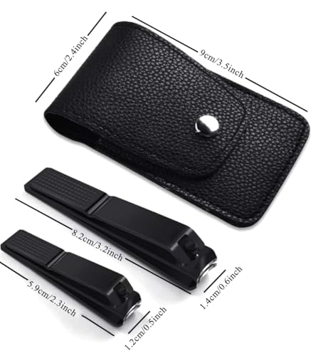 2-Pack Black Stainless Steel Nail Clippers Set, Large & Small Fingernail Clippers with Leather Case for Precision Manicure, Travel & Home Use