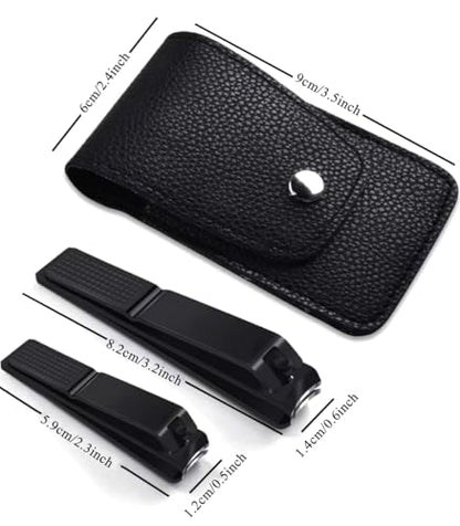 2-Pack Black Stainless Steel Nail Clippers Set, Large & Small Fingernail Clippers with Leather Case for Precision Manicure, Travel & Home Use