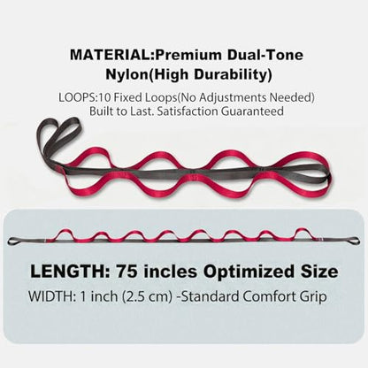 Acozycoo Stretching Strap with Loops,Non-Elastic Yoga Strap for Physical Therapy,Knee Replacement Recovery & Plantar Fasciitis,Leg Stretcher Band for Flexibility & Hamstring Rehab - color: Red