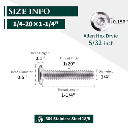 1/4-20 x 1-1/4" Hex Socket Head Cap Screws, 304 Stainless Steel 18-8, Chamfered Countersunk Machine Screws for Furniture, Binding, Machinery, Automotive, DIY Projects, 25 PCS - size: 1/4-20 x 1-1/4"