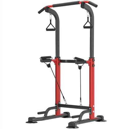 Power Tower Pull Up Bar Station, Adjustable Height Dip Stand | Adjustable Height, Pull-Ups & Dips, Space-Saving Design, Heavy-Duty Steel, Fits Users Under 6 FT - color: Red