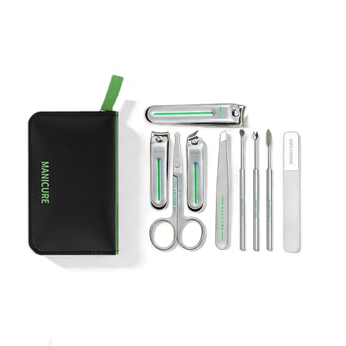 9-in-1 Manicure and Pedicure Kit for Men & Women, Travel Nail Clipper Set with Stainless Steel Tools & Glass Nail File, Portable Grooming Kit in PU Leather Case, Personal Care Gift - color: Green-Silver