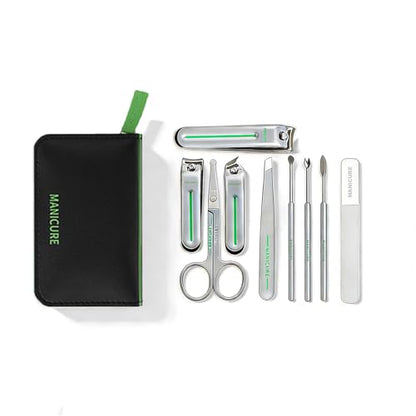 9-in-1 Manicure and Pedicure Kit for Men & Women, Travel Nail Clipper Set with Stainless Steel Tools & Glass Nail File, Portable Grooming Kit in PU Leather Case, Personal Care Gift - color: Green-Silver