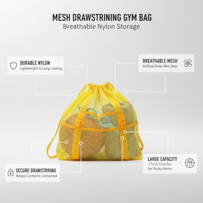 Mesh Drawstring Gym Bag, Breathable Nylon Storage for Wet Gear and Sports Equipment, 17 x 15 Inch (1 PC) - color: Yellow