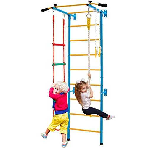 Costzon 5 in 1 Climbing Toys for Toddlers, Indoor Kids Gym for Exercise, Steel Ladder Wall Set with Wall Ladder, Pull-up Bar, Rope, Gymnastic Rings, Solid Wall Set up, Climber Ladder Boys Girls Gift - style: 5-in-1 Climbing Toys