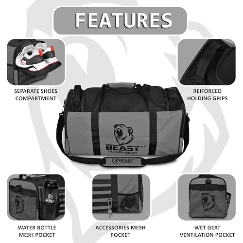 Beast Power Gear Gym Duffle Bag, Gray/Black | Workout, Boxing, MMA, Sports Bag, Shoes Compartment, Adjustable Shoulder Strap, For Men and Women - color: Gray/Black