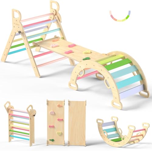 BlueWood Pikler Triangle Set, Toddler Climbing Toys Indoor 7in1 Foldable | Wooden Climber for Kids, Montessori Philosophy Play Jungle Gym with Arch, Ramp, Ladder (Colorful Spring) - color: Colorful Spring