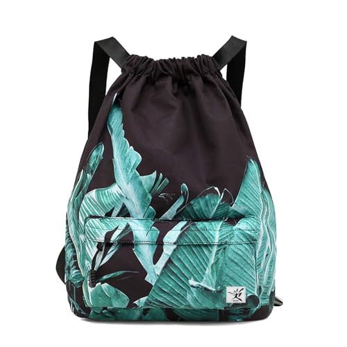Waterproof Drawstring Bag, Gym Bag Sackpack Sports Beach Backpack for Men Women - color: 05-black Banana Leaves