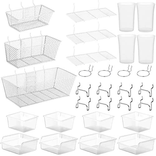 Sieral 30 Pcs Pegboard Organizer Accessories Kit Includes Peg Board Shelving Storage Basket Organizer Bins Hooks Loops Cup with Cup Holder for Garage Room Wall Attachments Tools(White, Clear, Silver) - color: White, Clear, Silver