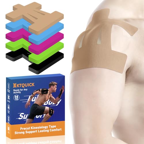 KTQUICK Precut Kinesiology Tape for Shoulder, 24 PCS, 20% Stronger Adhesive | Beige, Precut Shoulder Support Tape with Premium Cotton, Breathable, Waterproof, Latex-Free Athletic Tape for Training&Sports - color: Beige, size: 24PCS